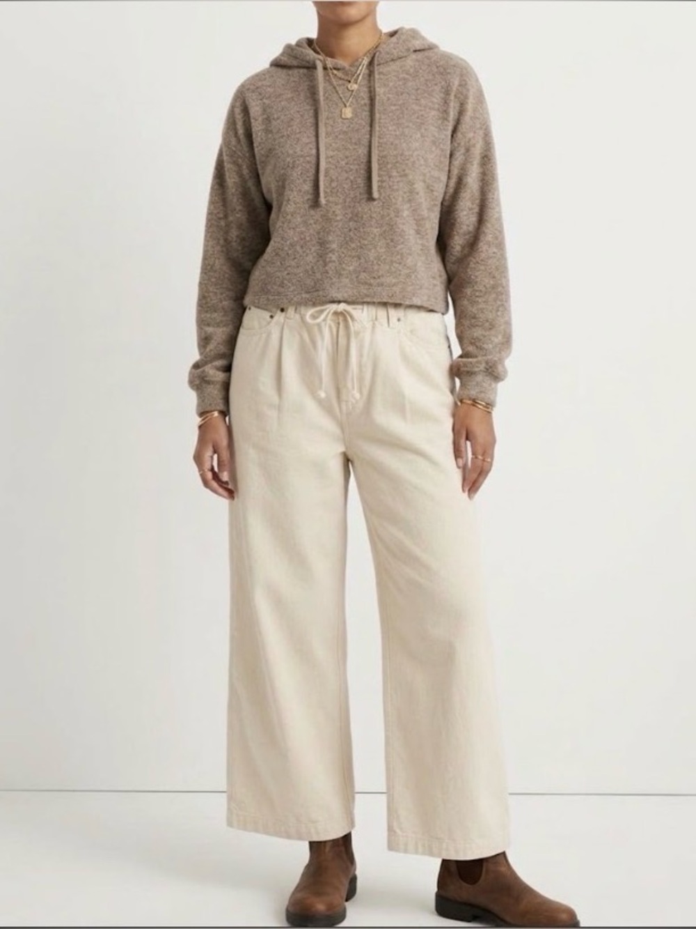 ZARA Ecru Wide Leg Drawstring Pants Small 100% Cotton Pull On Relaxed Fit